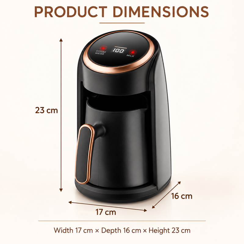 Electric coffee pot dimensions: 17cm wide, 16cm deep and 23cm high