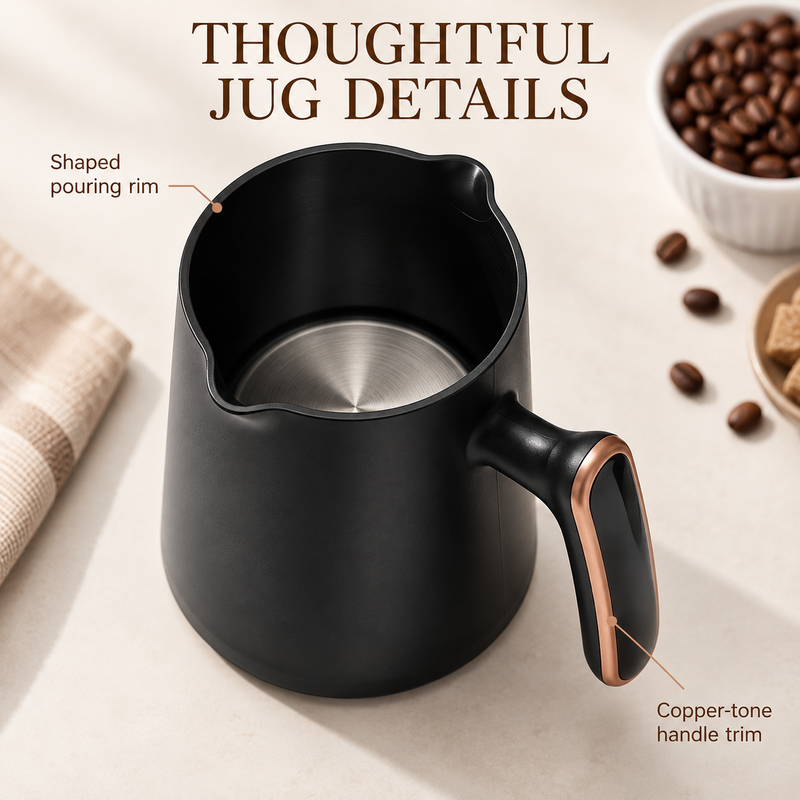 Close-up of the removable black jug showing the pouring rim, metal base and copper-tone handle trim