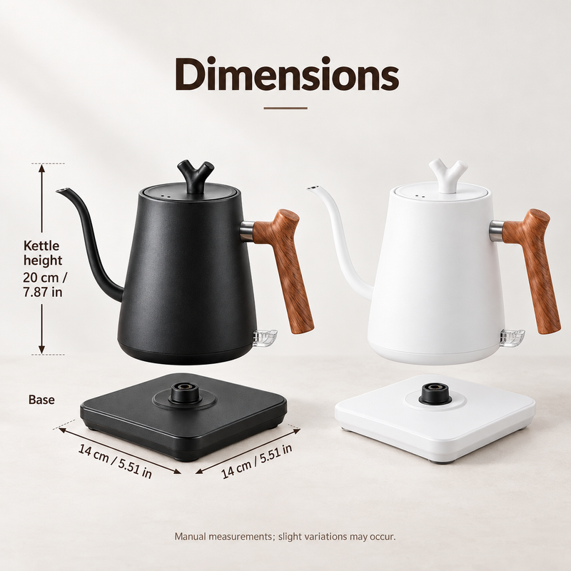 Black and white wooden-handle kettles with 20 cm kettle height and 14 by 14 cm base dimensions