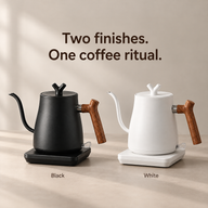 Black and white electric gooseneck kettles with wooden handles and matching square bases