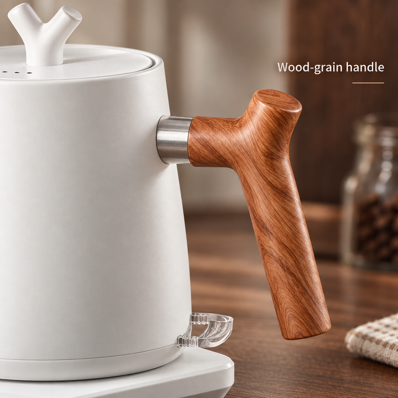 Close-up of the wooden handle, silver collar and clear mechanical switch on the white kettle