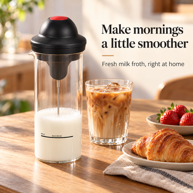 Electric glass milk frother with iced coffee and breakfast on a wooden table