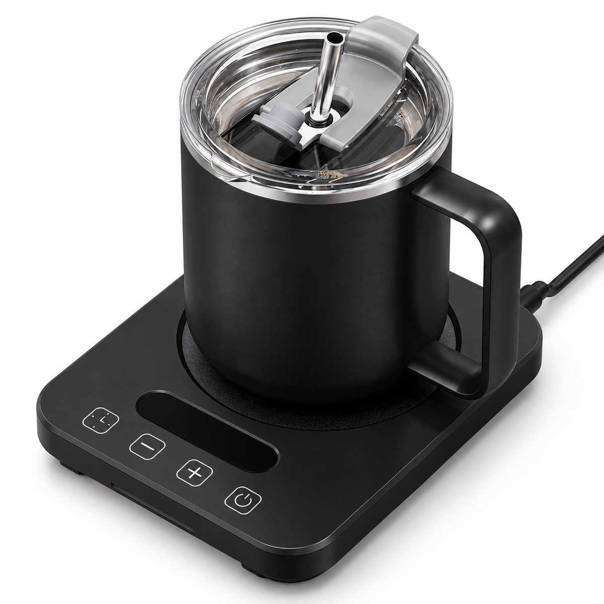 Black coffee mug with clear lid and metal straw on the matching black electric mug warmer, white background