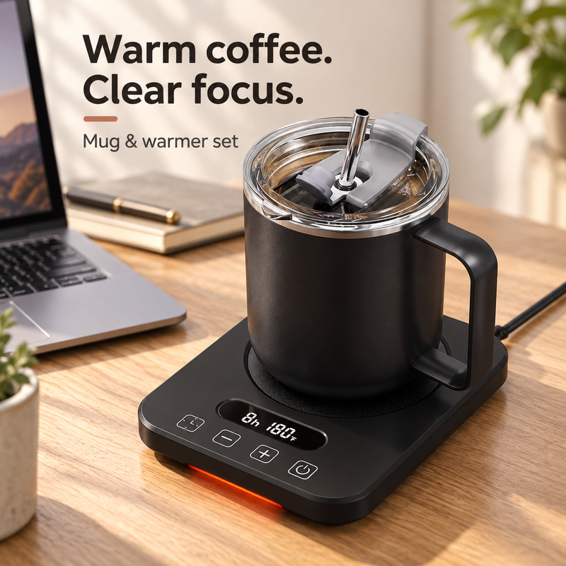 Black mug and electric warmer set on a home office desk beside a laptop