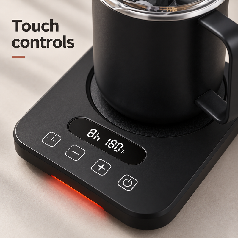 Close-up of the mug warmer digital display and timer, minus, plus and power touch controls
