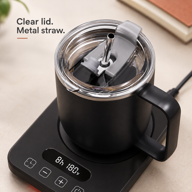 Close-up of the black mug clear lid, gray closure, metal rim and metal straw
