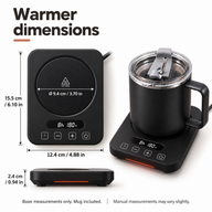 Mug warmer base dimensions: 15.5 by 12.4 by 2.4 cm, with a 9.4 cm heating plate