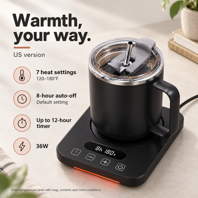 US-version mug warmer with seven 120–180°F heat settings, default eight-hour auto-off, up to twelve-hour timer and 36W power
