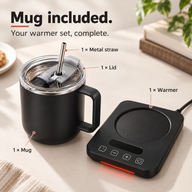 Set contents labeled: one black mug, clear lid, metal straw and electric warmer