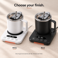 Two color options: white mug on white warmer and black mug on black warmer, one set supplied per order