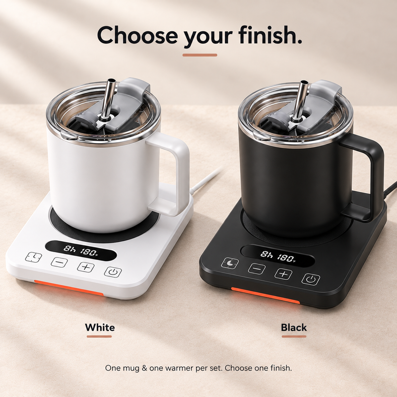 Two color options: white mug on white warmer and black mug on black warmer, one set supplied per order