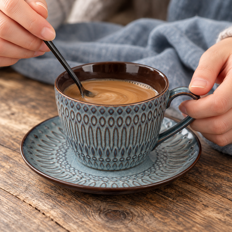 Milk coffee being stirred in the blue-gray ceramic cup on its matching saucer
