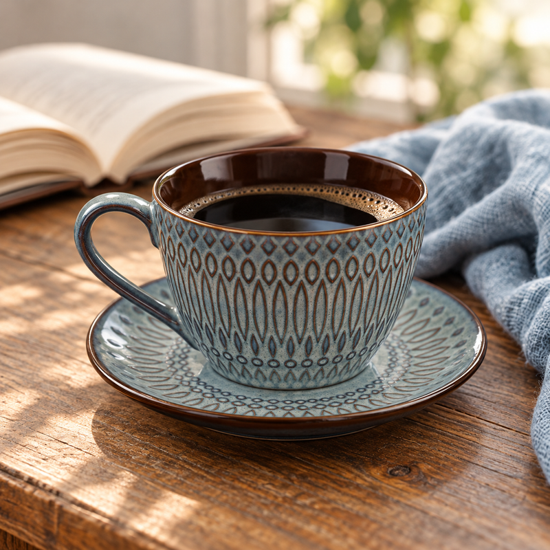 Blue-gray ceramic cup filled with black coffee on a saucer beside an open book