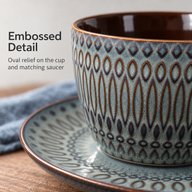 Close-up of oval and diamond relief on the ceramic cup and matching saucer