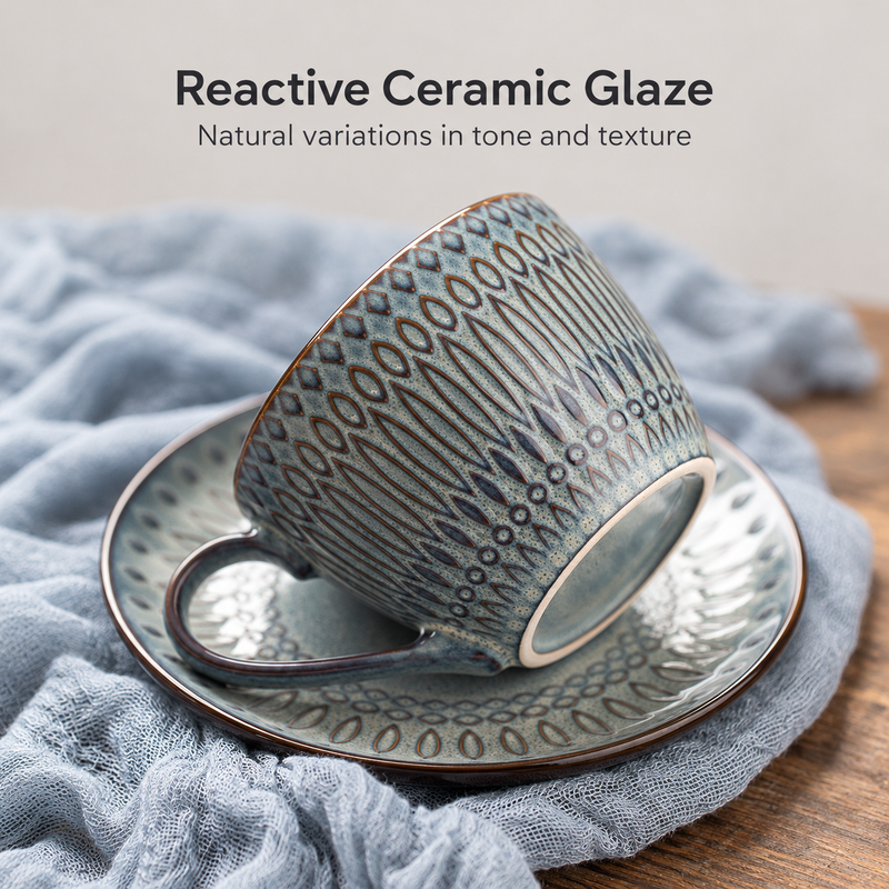 Reactive glaze ceramic coffee cup tilted on its matching saucer to show the foot ring