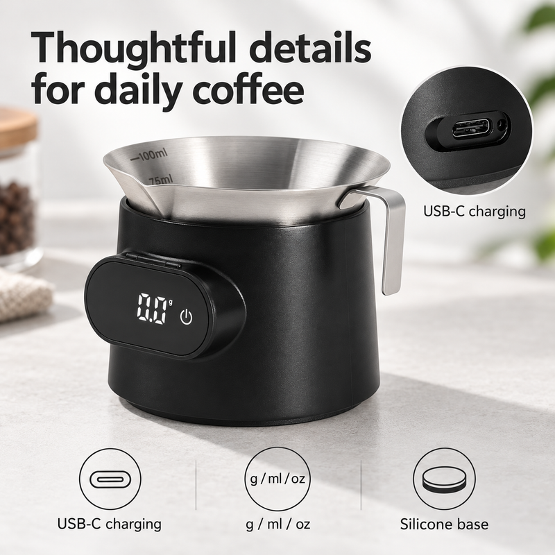 후면 USB-C 포트 디테일과 단위 모드·실리콘 바닥 아이콘을 표시한 에스프레소 컵 저울