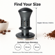 Espresso tamper dimensions showing 102mm height and 51mm 53mm or 58mm base options