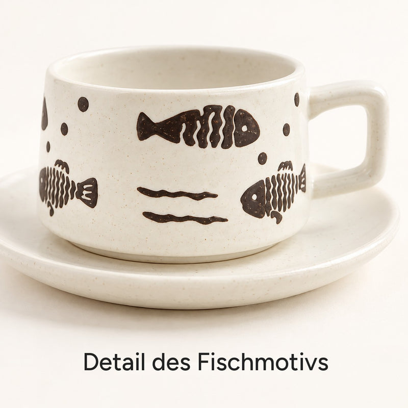 Detail des Fischmotivs auf einer Tasse mit Untertasse
