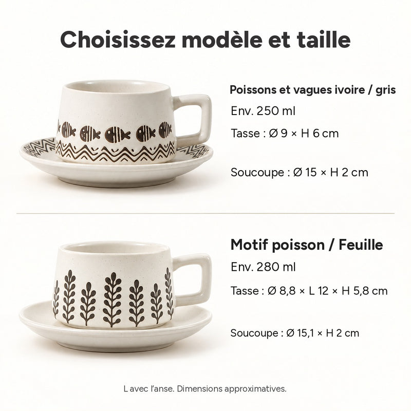 Tailles : Poissons et vagues env. 250 ml, tasse Ø 9 × H 6 cm, soucoupe Ø 15 × H 2 cm ; Motif poisson / Feuille env. 280 ml, tasse Ø 8,8 × L 12 × H 5,8 cm, soucoupe Ø 15,1 × H 2 cm