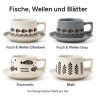 Vier Designs: Fisch & Wellen Elfenbein, Fisch & Wellen Grau, Fischmotiv und Blatt