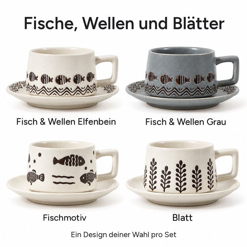 Vier Designs: Fisch & Wellen Elfenbein, Fisch & Wellen Grau, Fischmotiv und Blatt