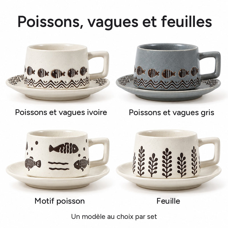 Quatre modèles : poissons et vagues ivoire, poissons et vagues gris, motif poisson et feuille