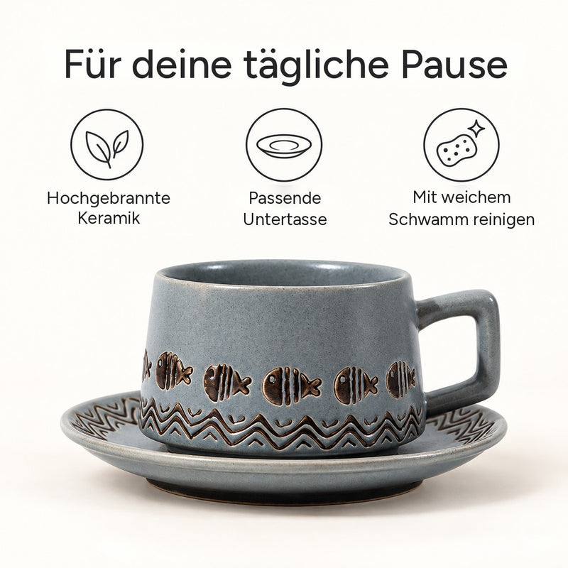 Graue Tasse mit Untertasse mit Hinweisen zu hochgebrannter Keramik, passender Untertasse und Reinigung mit weichem Schwamm