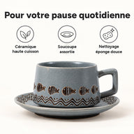 Tasse grise et soucoupe : céramique haute cuisson, soucoupe assortie, nettoyage à l’éponge douce