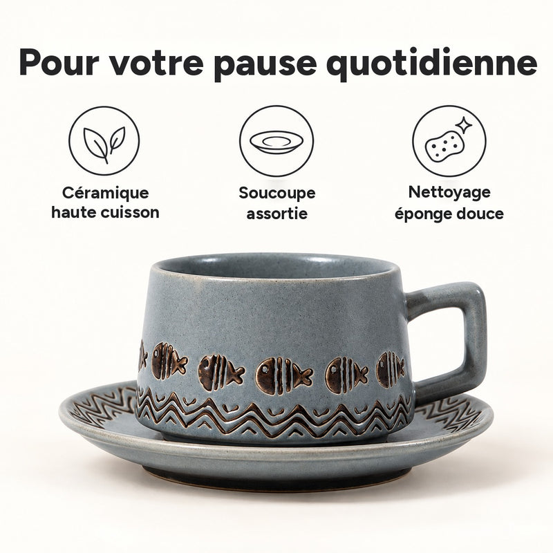Tasse grise et soucoupe : céramique haute cuisson, soucoupe assortie, nettoyage à l’éponge douce