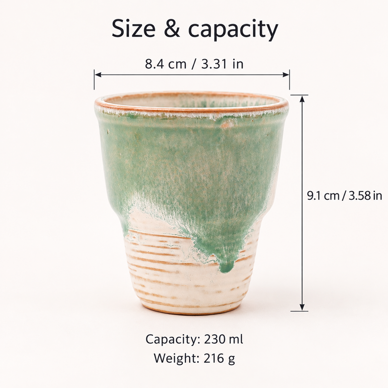 Maße der 230-ml-Tasse: 8,4 cm Randdurchmesser und 9,1 cm Höhe