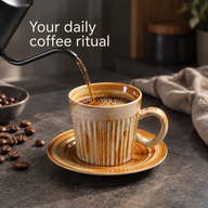 Amber and cream ceramic coffee cup on its saucer with coffee being poured from a gooseneck kettle
