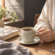 Sage gray fluted ceramic coffee cup and saucer beside a book at a window