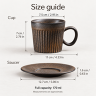 170 ml ceramic coffee cup and saucer dimensions shown in centimeters and inches