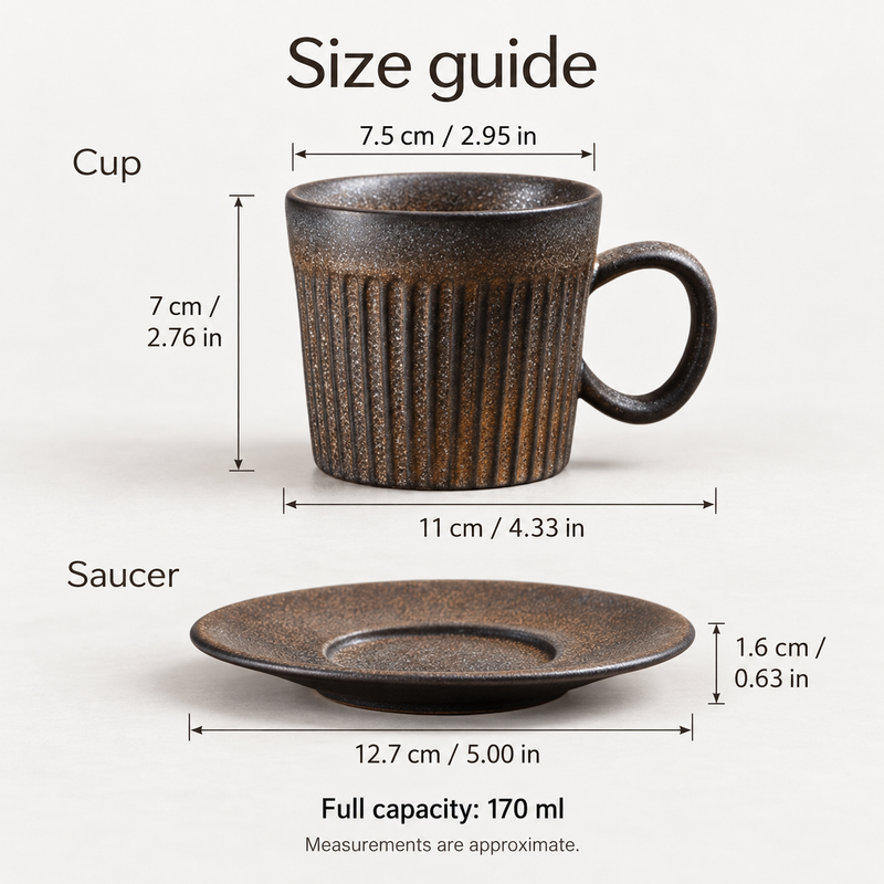 170 ml ceramic coffee cup and saucer dimensions shown in centimeters and inches