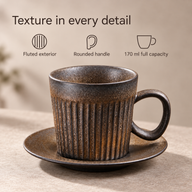 Brown ceramic coffee cup and saucer showing fluted exterior, rounded handle and 170 ml full capacity