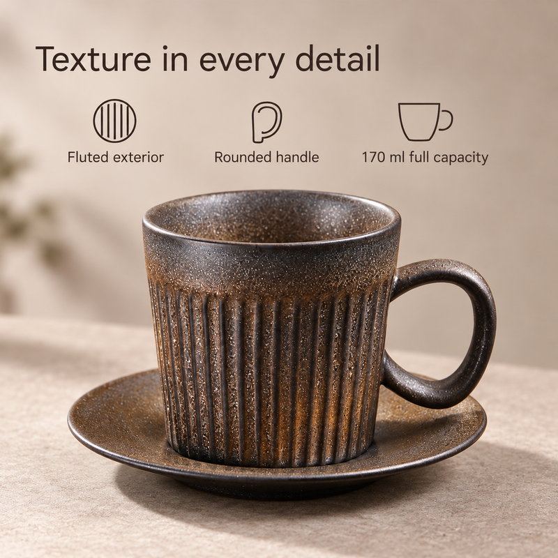 Brown ceramic coffee cup and saucer showing fluted exterior, rounded handle and 170 ml full capacity