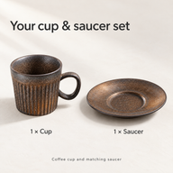One brown ceramic coffee cup and one matching saucer displayed separately