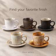 White, brown, black, sage gray, and amber and cream fluted ceramic cup and saucer finishes