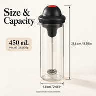 Glass milk frother dimensions: approximately 21.8 cm high and 6.8 cm cup diameter with 450 mL vessel capacity