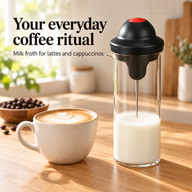 Glass milk frother beside a latte in a sunlit home coffee corner