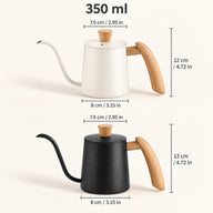 Dimensions of both 350ml kettle colors: 7.5cm mouth, 8cm base and 12cm total height, with inch equivalents.
