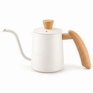 Ivory white 350ml gooseneck kettle with a curved wooden handle and wooden lid knob on a white background.
