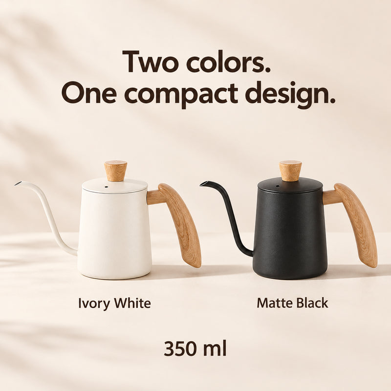 Ivory white and matte black 350ml gooseneck kettles shown side by side with matching wooden handles.