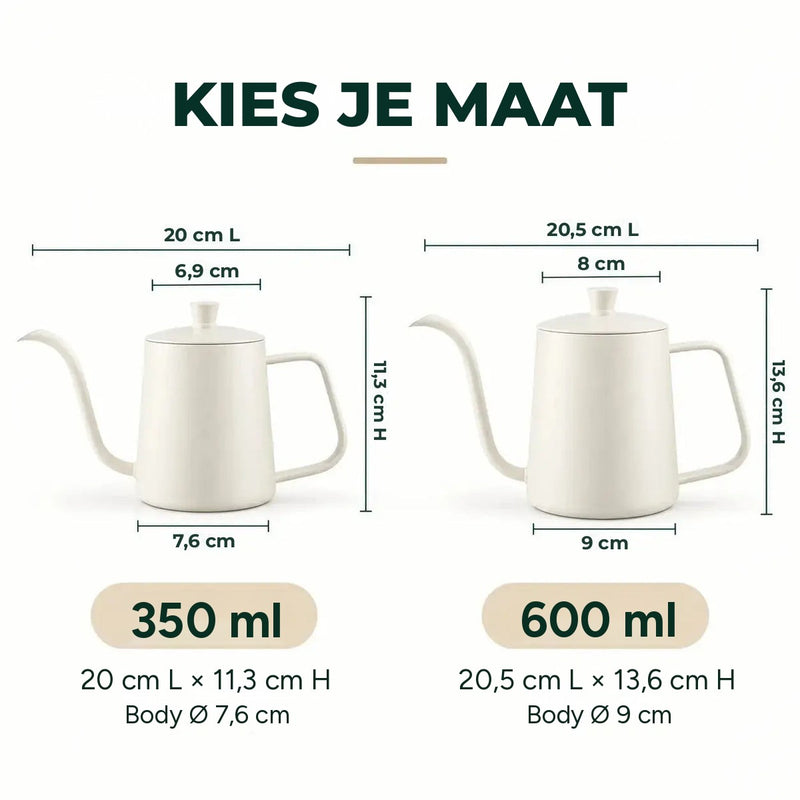 Zwanenhalswaterkoker in twee maten: 350 ml (20 cm lang × 11,3 cm hoog, body Ø 7,6 cm) en 600 ml (20,5 cm lang × 13,6 cm hoog, body Ø 9 cm)