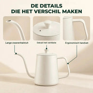 Details van de waterkoker: lange zwanenhalstuit, geventileerd deksel en ergonomisch handvat