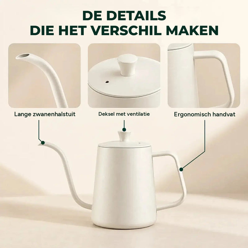 Details van de waterkoker: lange zwanenhalstuit, geventileerd deksel en ergonomisch handvat
