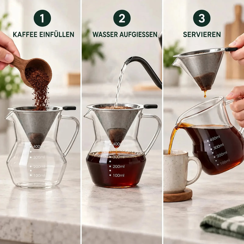 Pour-Over in drei Schritten: Kaffee einfüllen, aufgießen, servieren