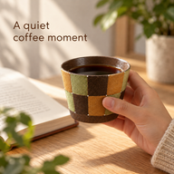 Hand hält eine Kaffeetasse mit Schachbrett in Grün, Ocker und Braun neben einem aufgeschlagenen Buch.