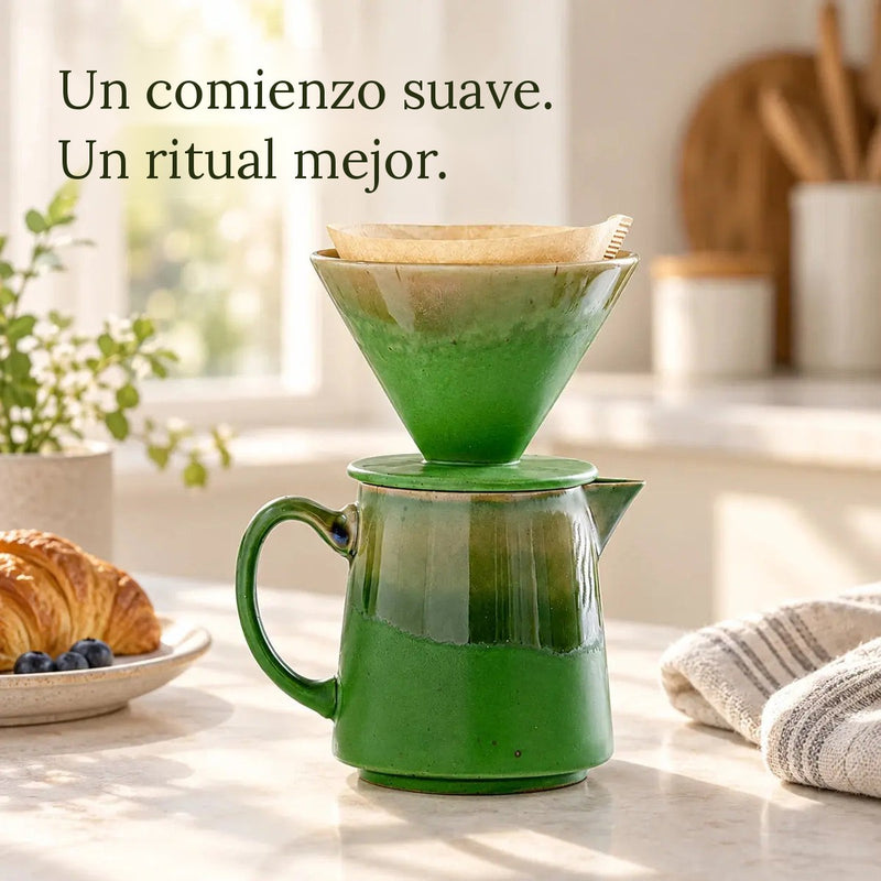 Set de café de filtro de cerámica verde en una cocina por la mañana