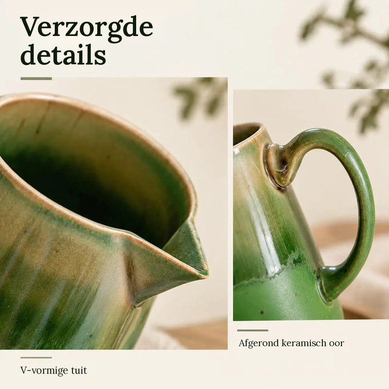 Tuit en handvat van de groene keramische kan van 450 ml
